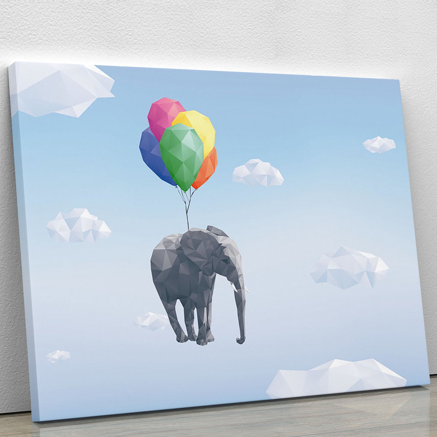 A colorful low poly elephant flying with balloons in a cloudy sky, showcasing modern art style.