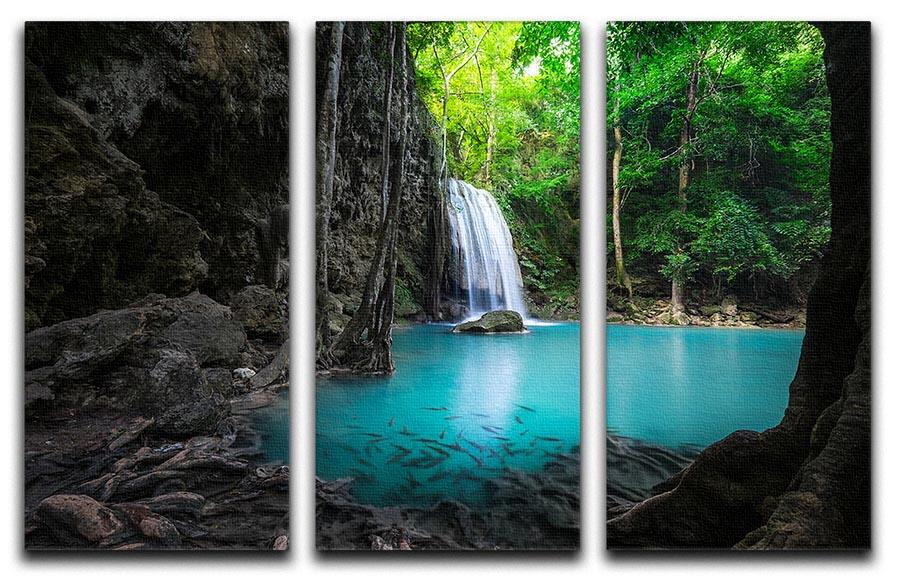 A beautiful 3-panel canvas print depicting the turquoise waters of Erawan Falls, showcasing cascading waterfalls and lush greenery.