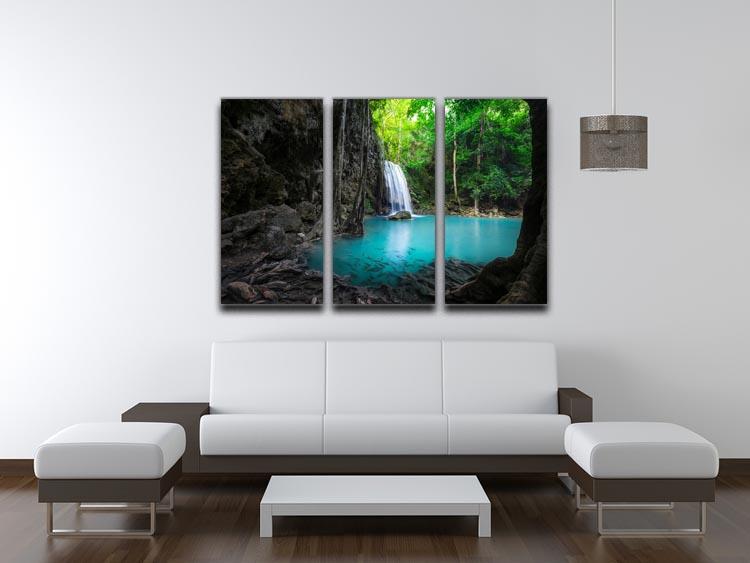 A beautiful 3-panel canvas print depicting the turquoise waters of Erawan Falls, showcasing cascading waterfalls and lush greenery.