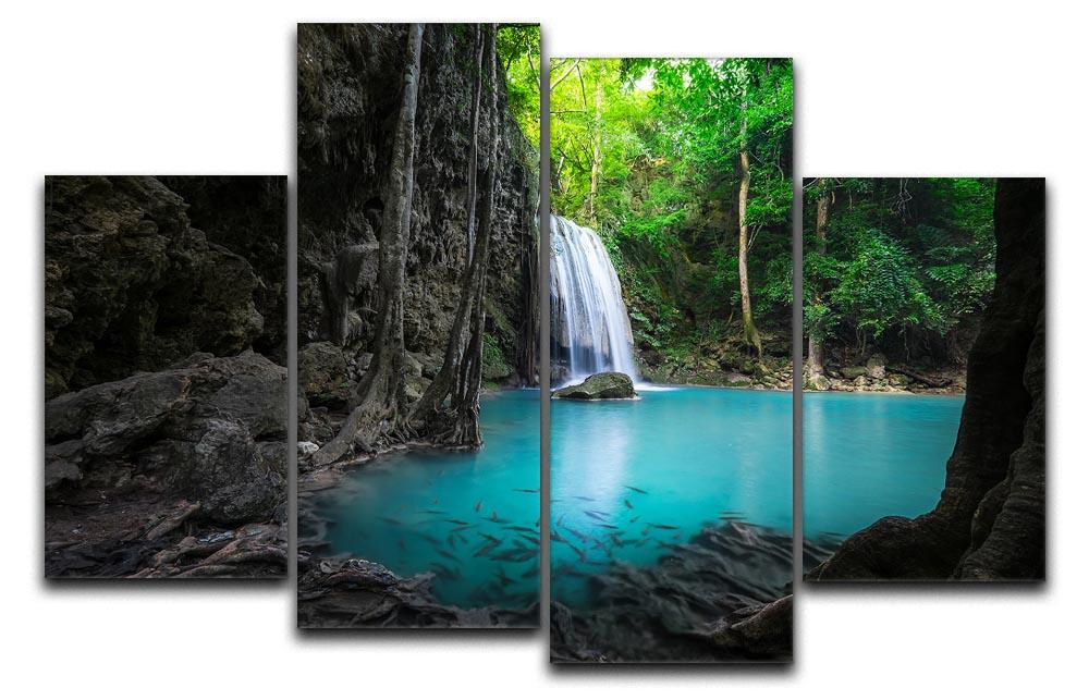 A beautiful 4 split panel canvas artwork depicting the turquoise waters of Erawan Falls, showcasing vibrant colors and dynamic design.
