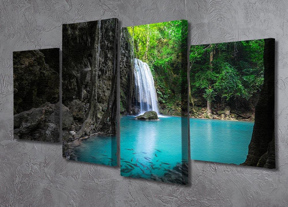 A beautiful 4 split panel canvas artwork depicting the turquoise waters of Erawan Falls, showcasing vibrant colors and dynamic design.