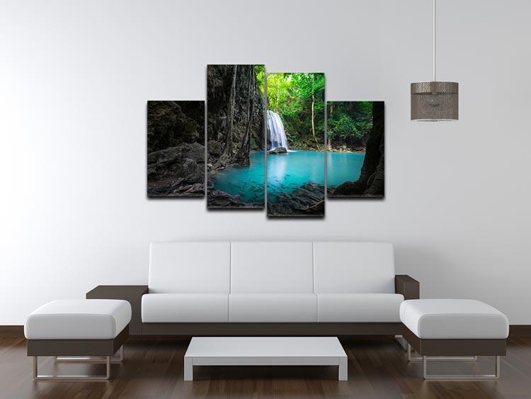 A beautiful 4 split panel canvas artwork depicting the turquoise waters of Erawan Falls, showcasing vibrant colors and dynamic design.