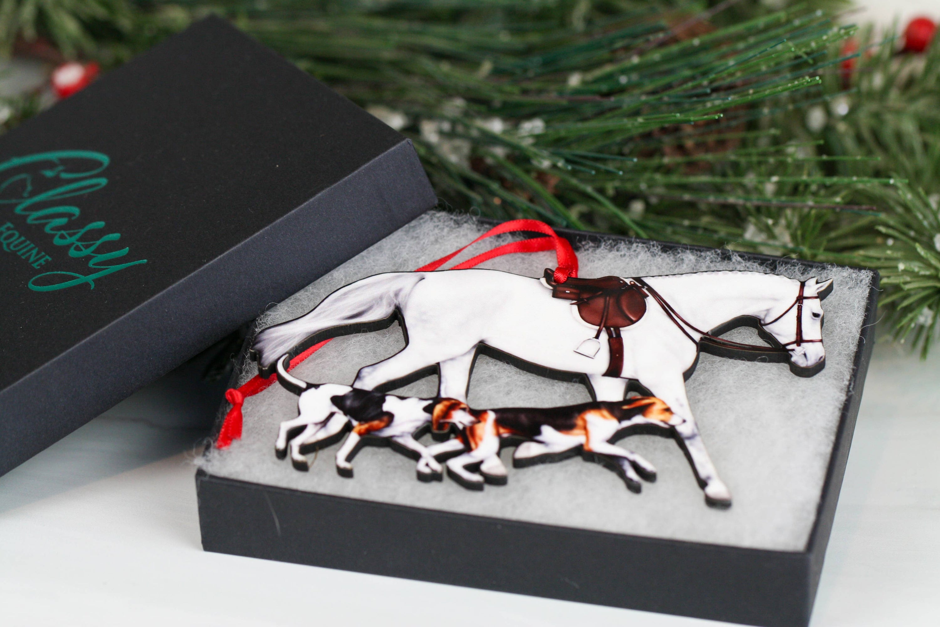 Lt. Gray Fox Hunter Horse Ornament featuring a light gray horse and two hounds, beautifully crafted from composite wood.