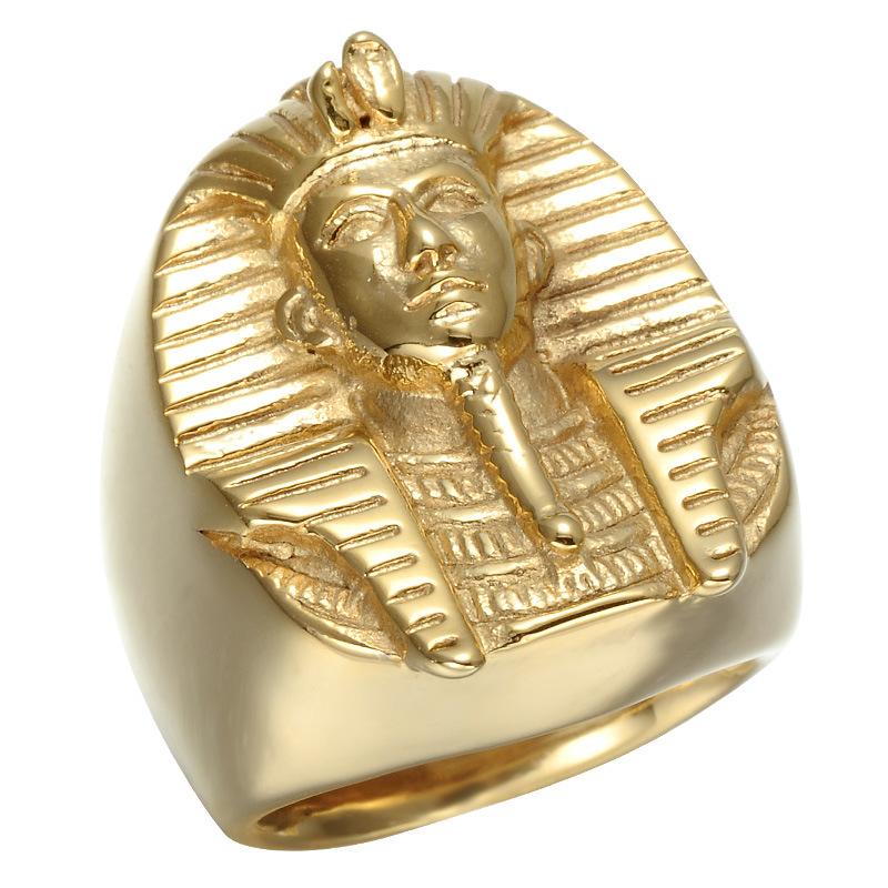 Lujoyce Hiphop Gold Color Egyptian Pharaoh Ring made of stainless steel, featuring a unique skeleton design, perfect for stylish men.
