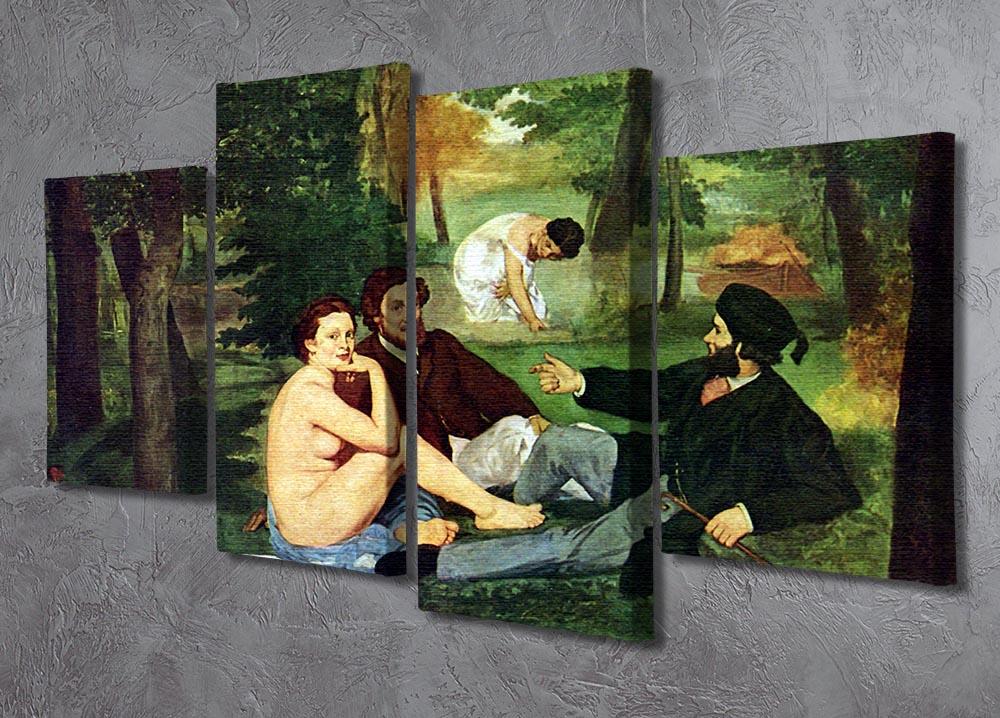 A 4-split canvas artwork featuring Manet's Luncheon on The Grass, showcasing a picnic scene with a nude woman and clothed men.