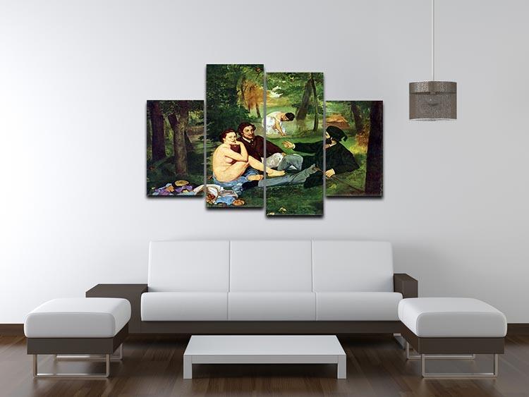 A 4-split canvas artwork featuring Manet's Luncheon on The Grass, showcasing a picnic scene with a nude woman and clothed men.