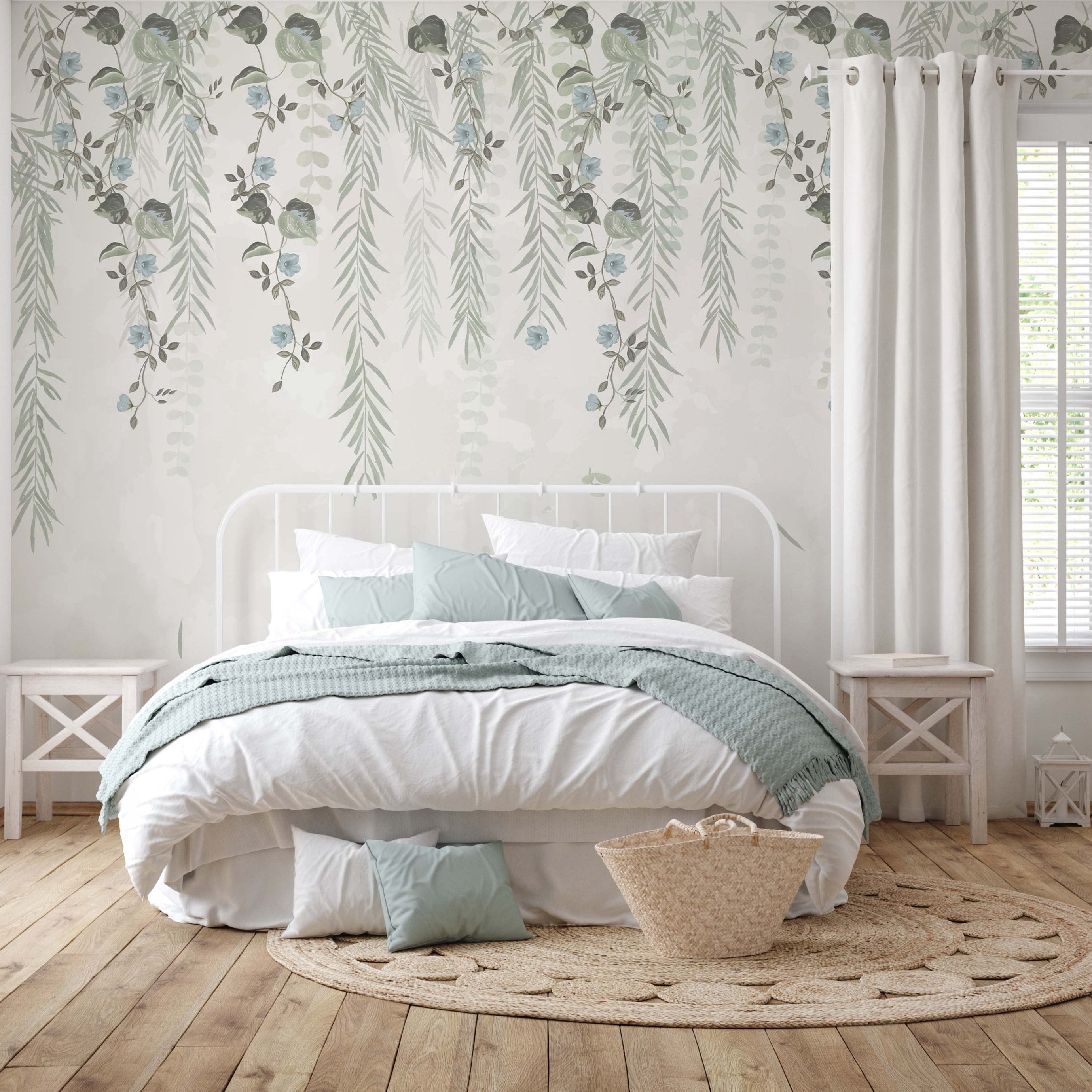 Lush Foliage Wallpaper featuring sage tint with weeping willows and delicate flowers, perfect for elegant interior decor.