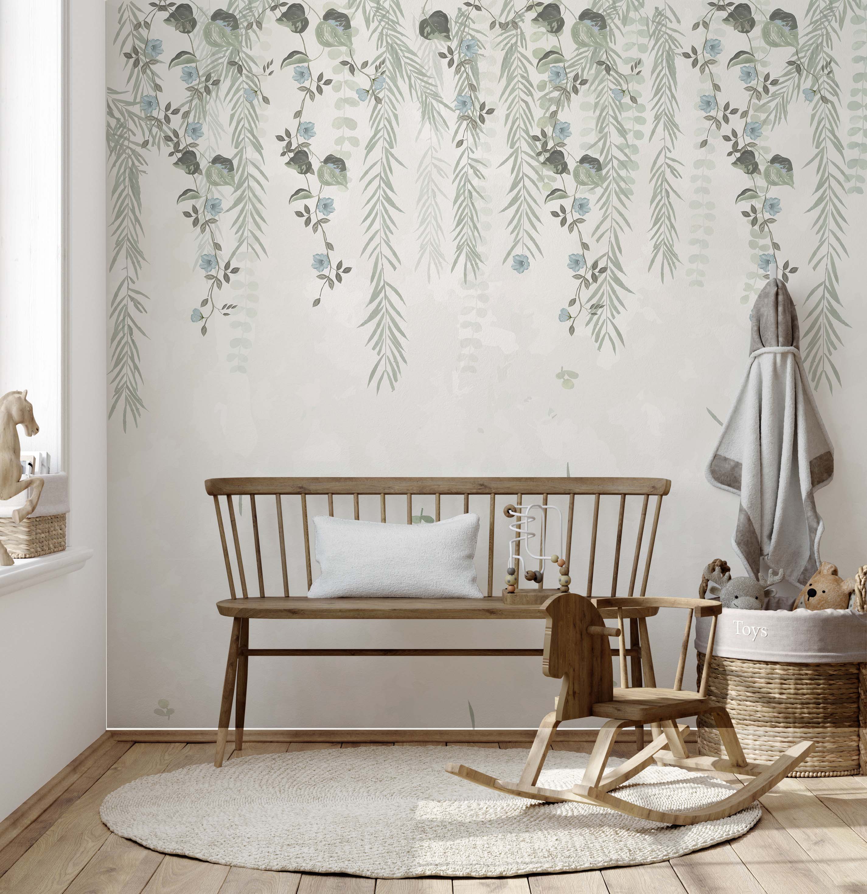 Lush Foliage Wallpaper featuring sage tint with weeping willows and delicate flowers, perfect for elegant interior decor.
