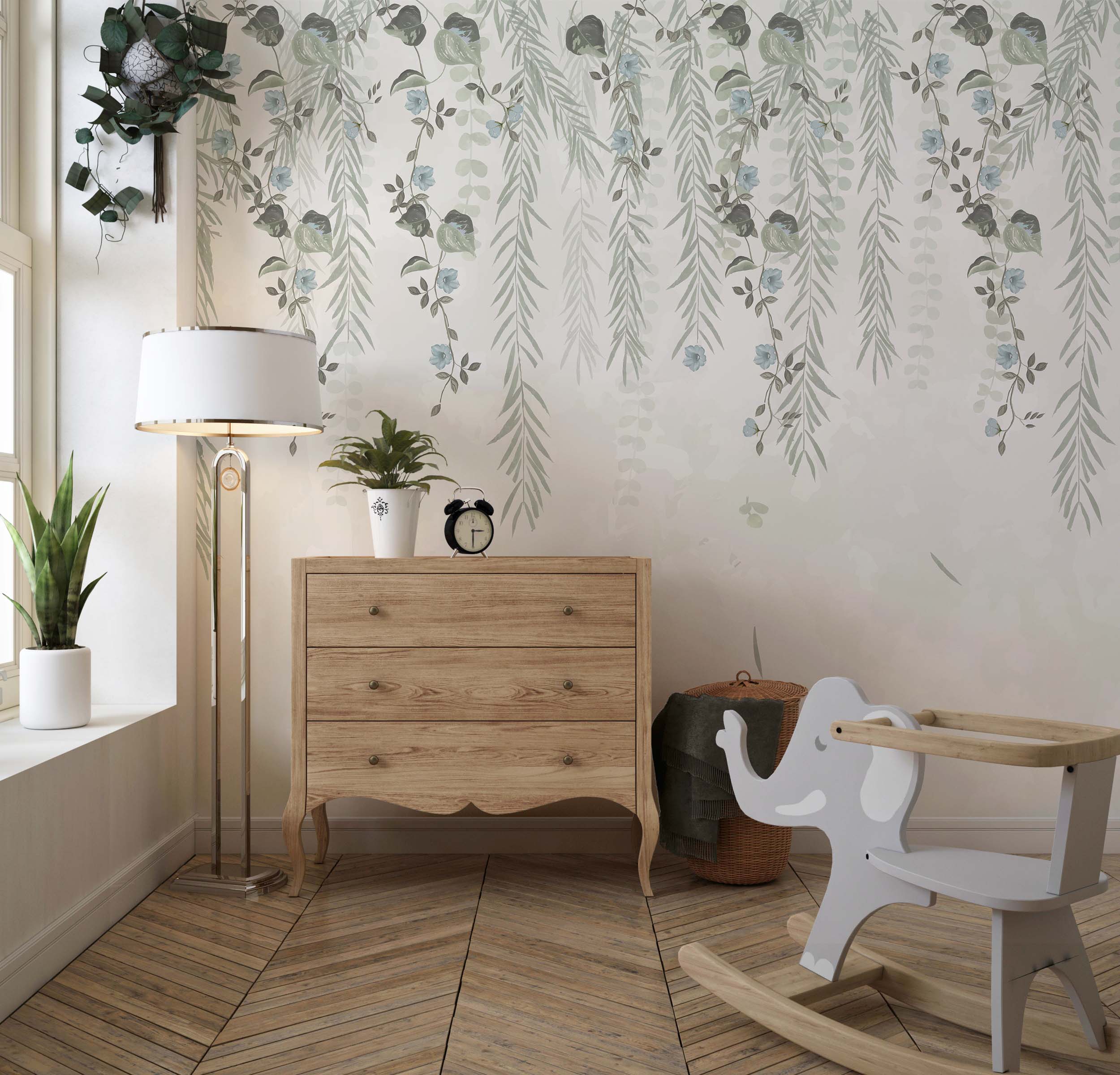 Lush Foliage Wallpaper featuring sage tint with weeping willows and delicate flowers, perfect for elegant interior decor.