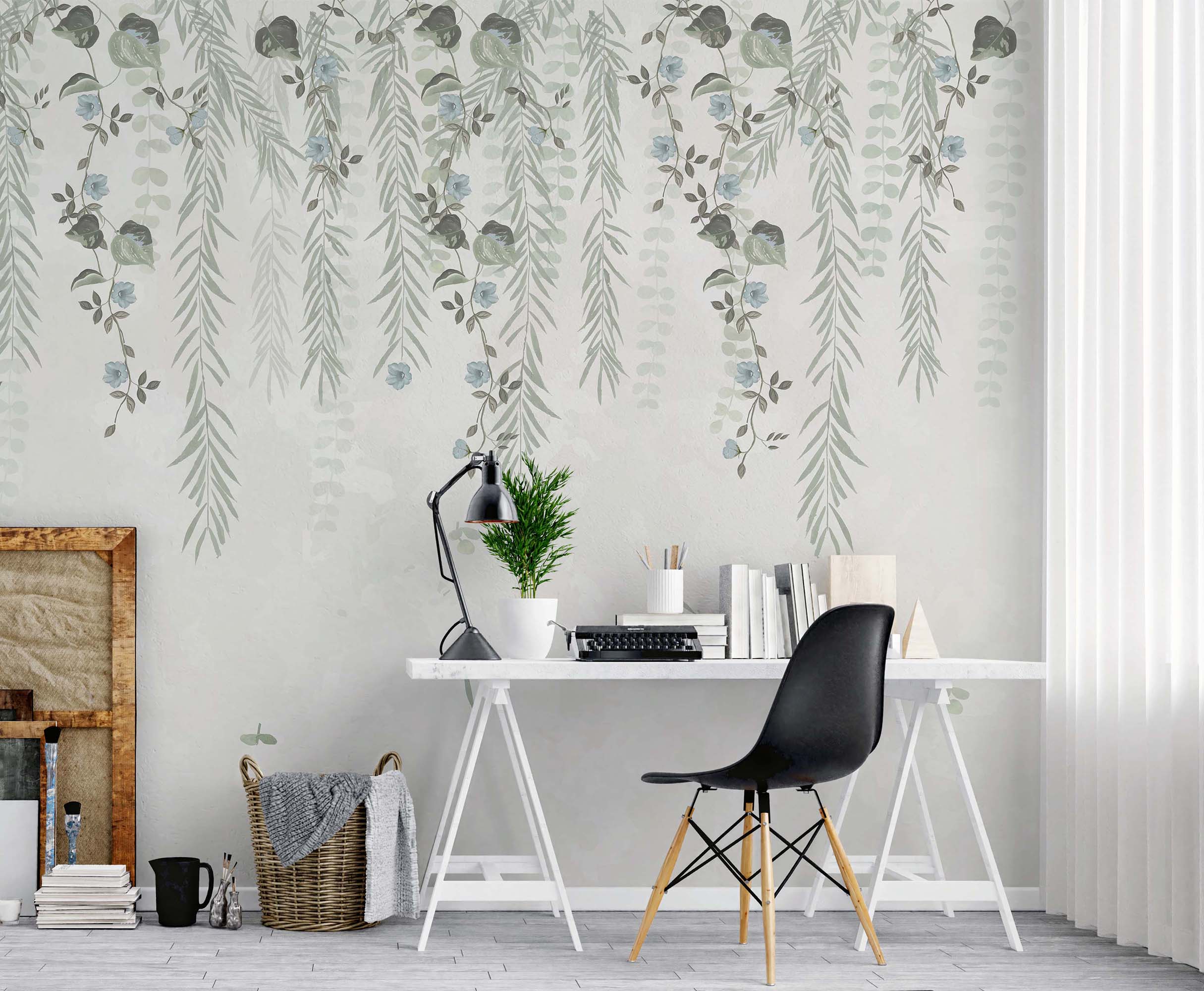 Lush Foliage Wallpaper featuring sage tint with weeping willows and delicate flowers, perfect for elegant interior decor.