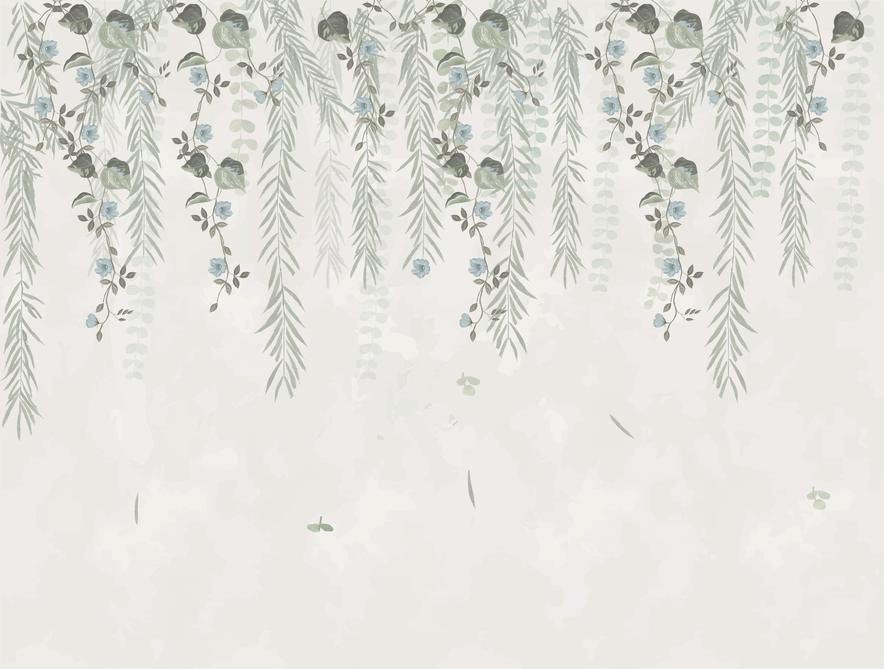 Lush Foliage Wallpaper featuring sage tint with weeping willows and delicate flowers, perfect for elegant interior decor.