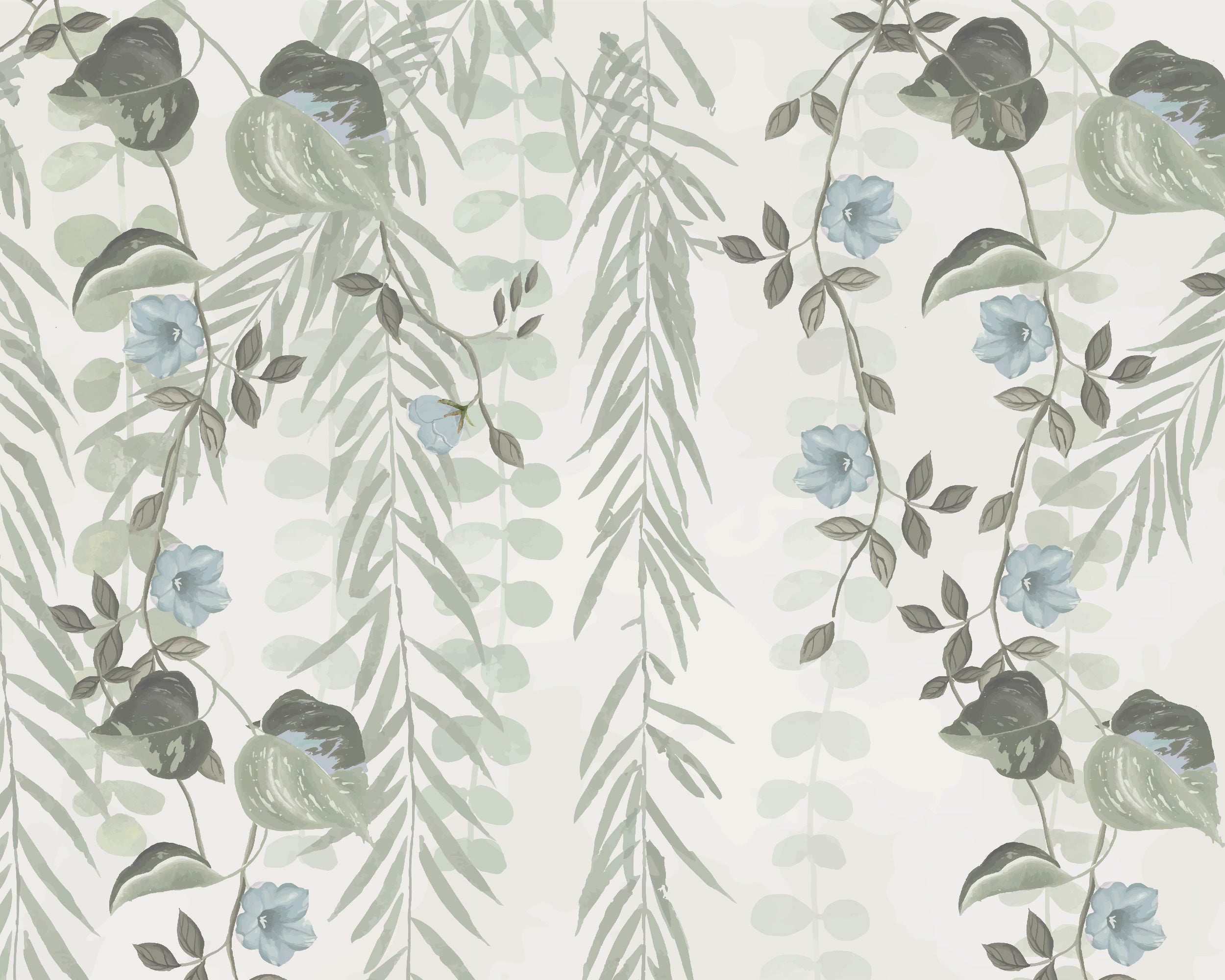 Lush Foliage Wallpaper featuring sage tint with weeping willows and delicate flowers, perfect for elegant interior decor.