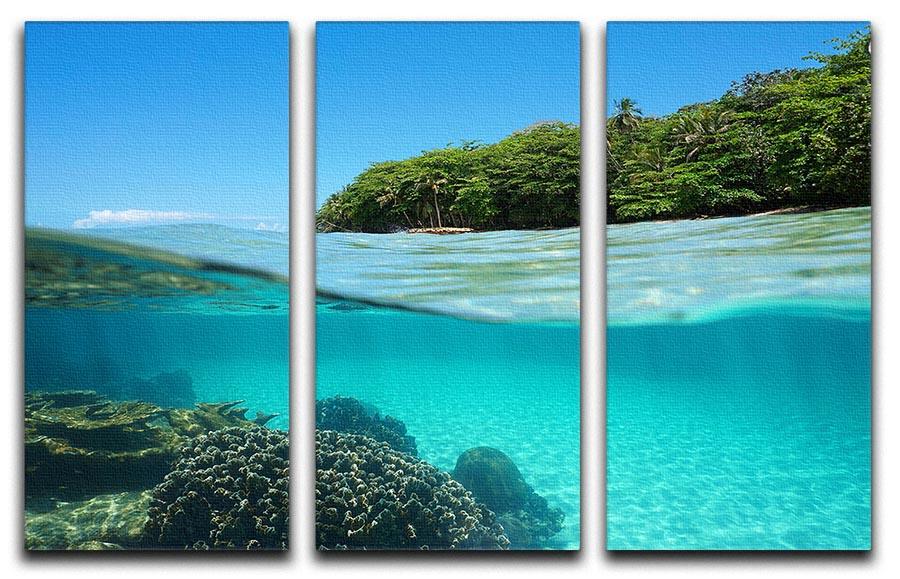 A beautiful 3-panel canvas print depicting a lush tropical shore above the waterline, showcasing vibrant colors and intricate details.
