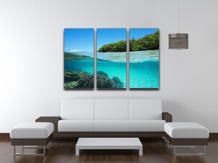 A beautiful 3-panel canvas print depicting a lush tropical shore above the waterline, showcasing vibrant colors and intricate details.