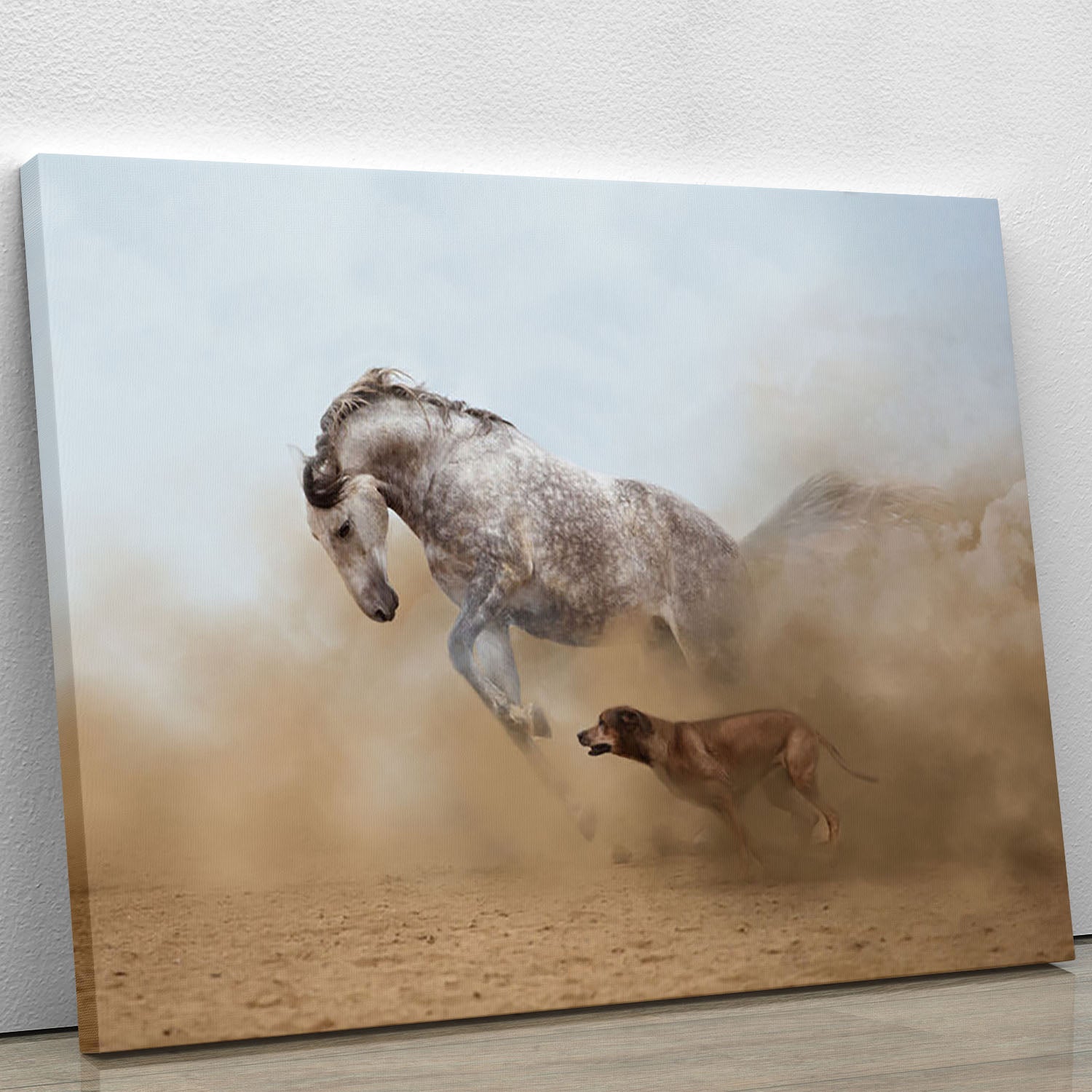 Canvas artwork featuring a Lusitanian horse playing with a Rhodesian Ridgeback dog, showcasing vibrant colors and intricate details.