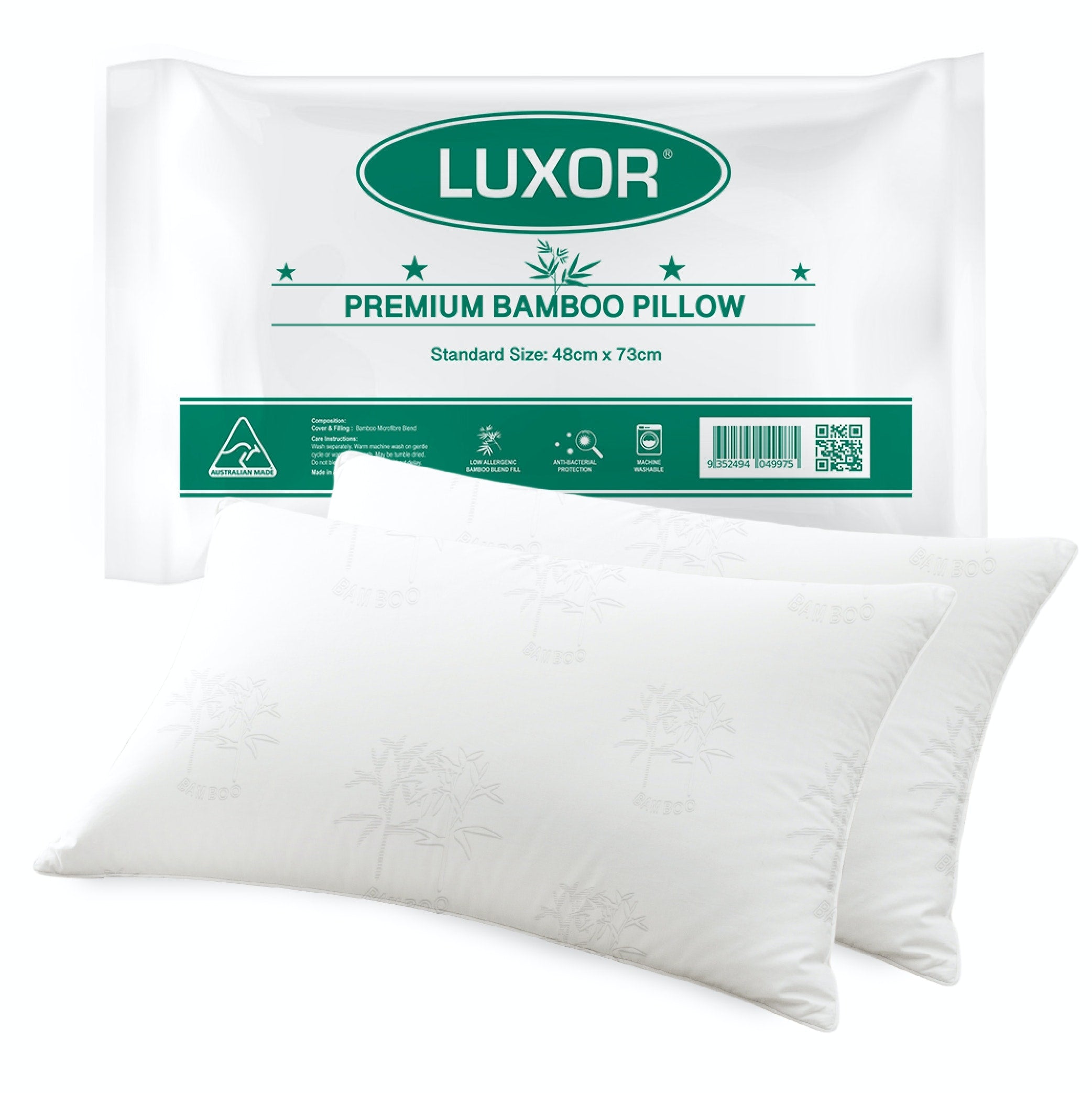Luxor Australian Made Bamboo Cooling Pillow Twin Pack featuring soft bamboo cover and supportive filling.