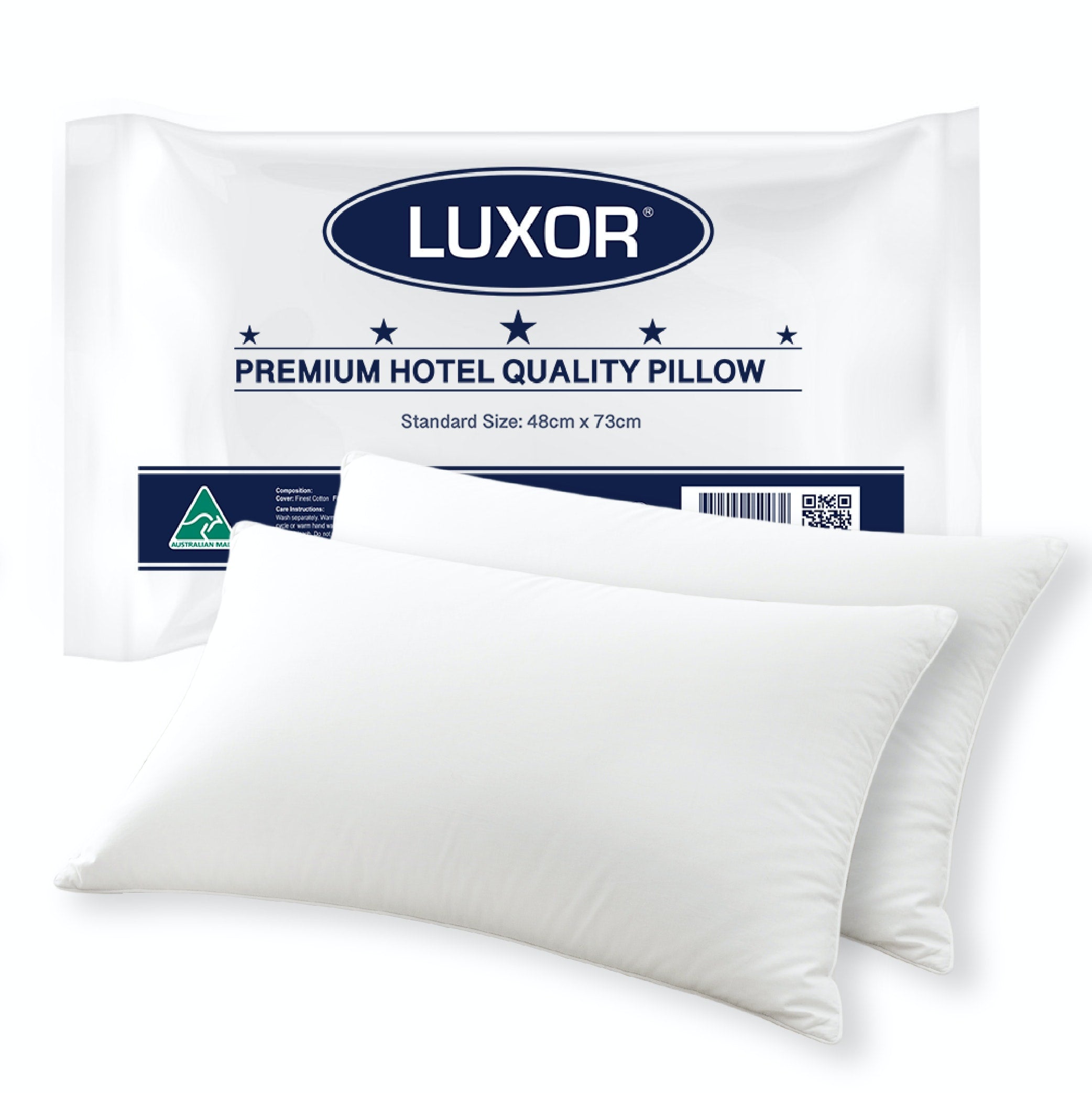 Luxor Australian Made Hotel Quality Pillow Twin Pack featuring soft Japara cotton cover and premium memory resistant fibre filling.