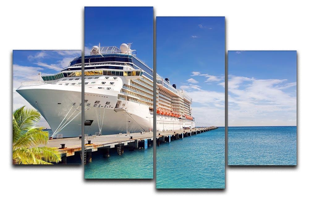 A beautiful 4 split panel canvas featuring a luxury cruise ship docked in port on a sunny day, showcasing vibrant colors and serene ocean views.