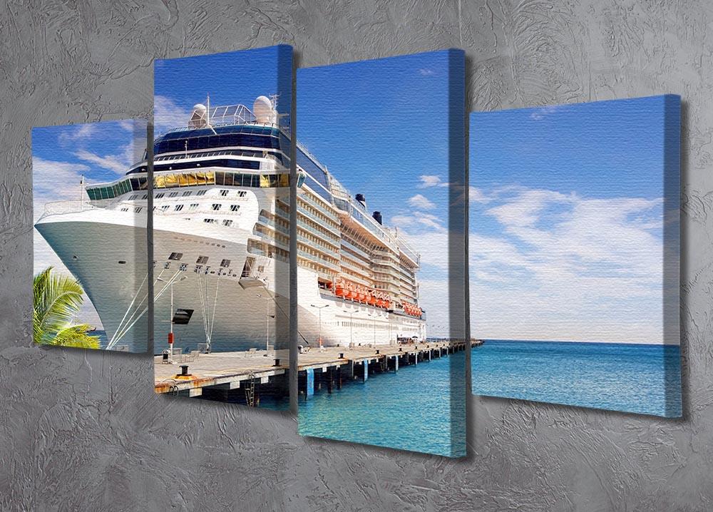 A beautiful 4 split panel canvas featuring a luxury cruise ship docked in port on a sunny day, showcasing vibrant colors and serene ocean views.