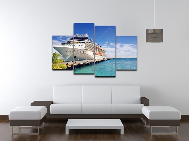 A beautiful 4 split panel canvas featuring a luxury cruise ship docked in port on a sunny day, showcasing vibrant colors and serene ocean views.