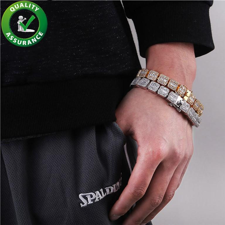 Luxury Designer Hip Hop Jewelry Men's Diamond Tennis Bracelet featuring sparkling cubic zirconia stones set in gold and silver finishes.