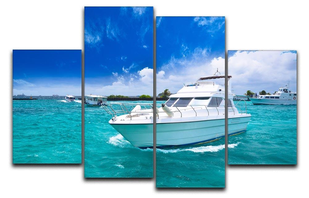 A luxurious yacht sailing in a beautiful ocean, depicted in a four-panel split canvas artwork.