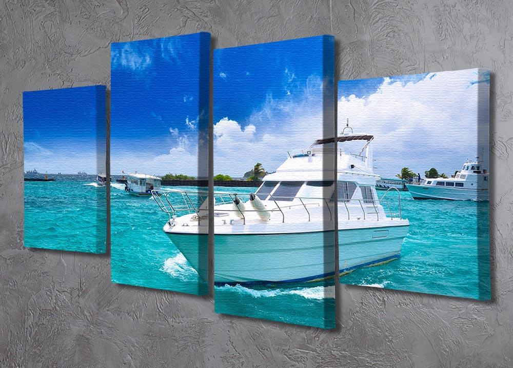 A luxurious yacht sailing in a beautiful ocean, depicted in a four-panel split canvas artwork.