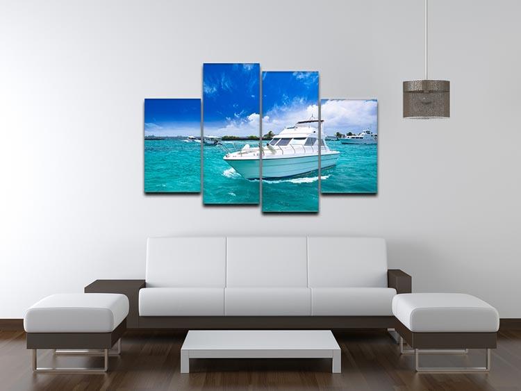 A luxurious yacht sailing in a beautiful ocean, depicted in a four-panel split canvas artwork.