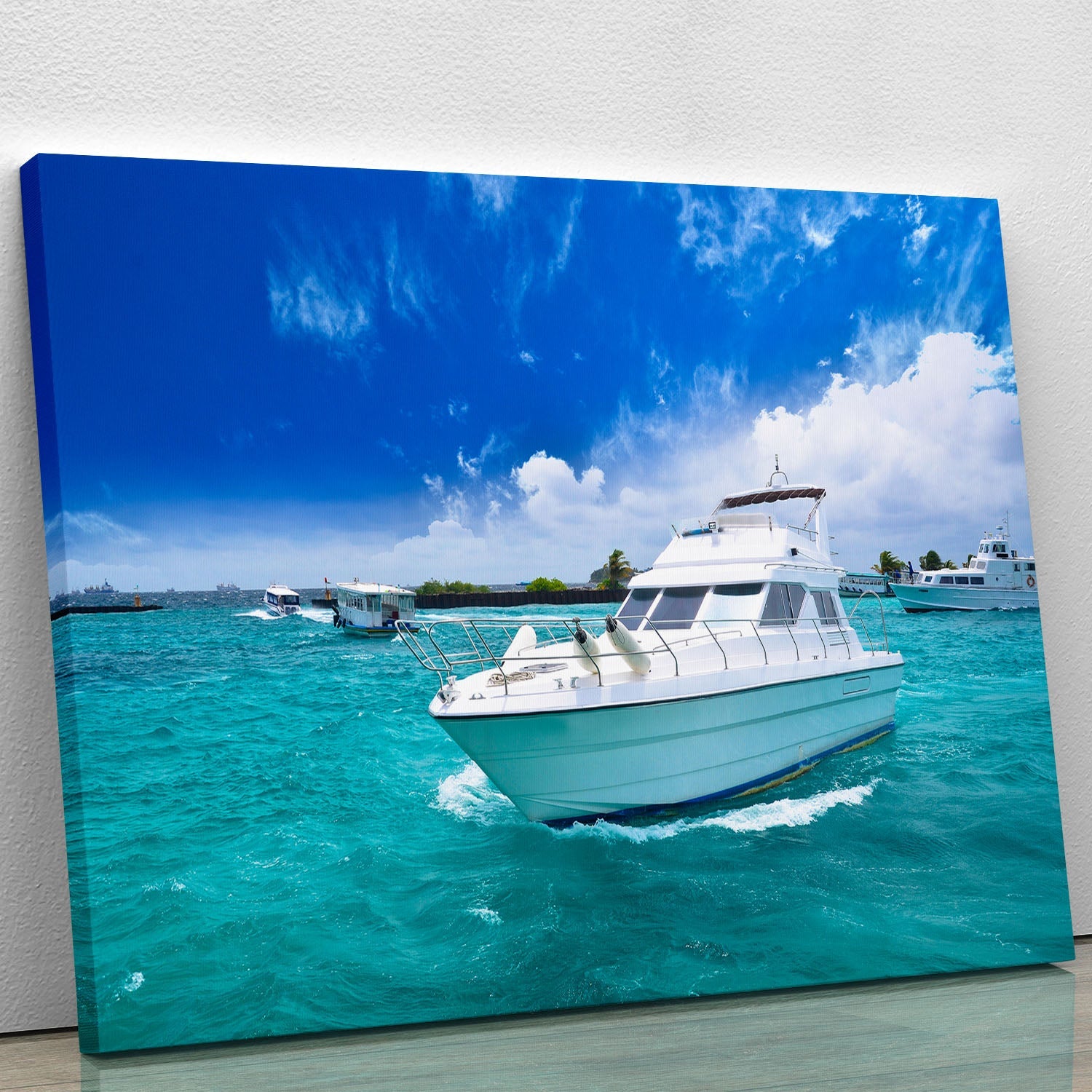 A luxurious yacht sailing in a beautiful ocean, depicted in a vibrant canvas print or poster, showcasing serene waters and stunning scenery.