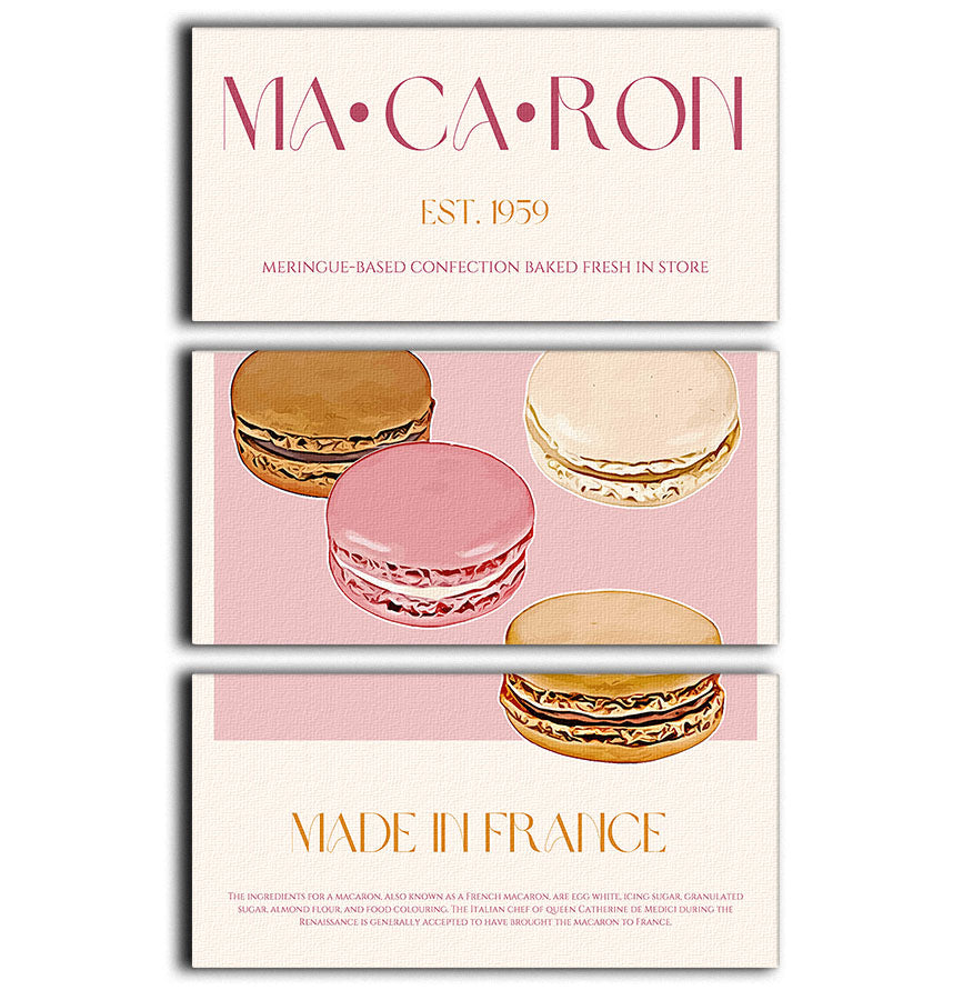 A beautiful 3-panel canvas print featuring colorful macarons, perfect for home decor.