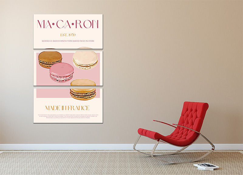 A beautiful 3-panel canvas print featuring colorful macarons, perfect for home decor.