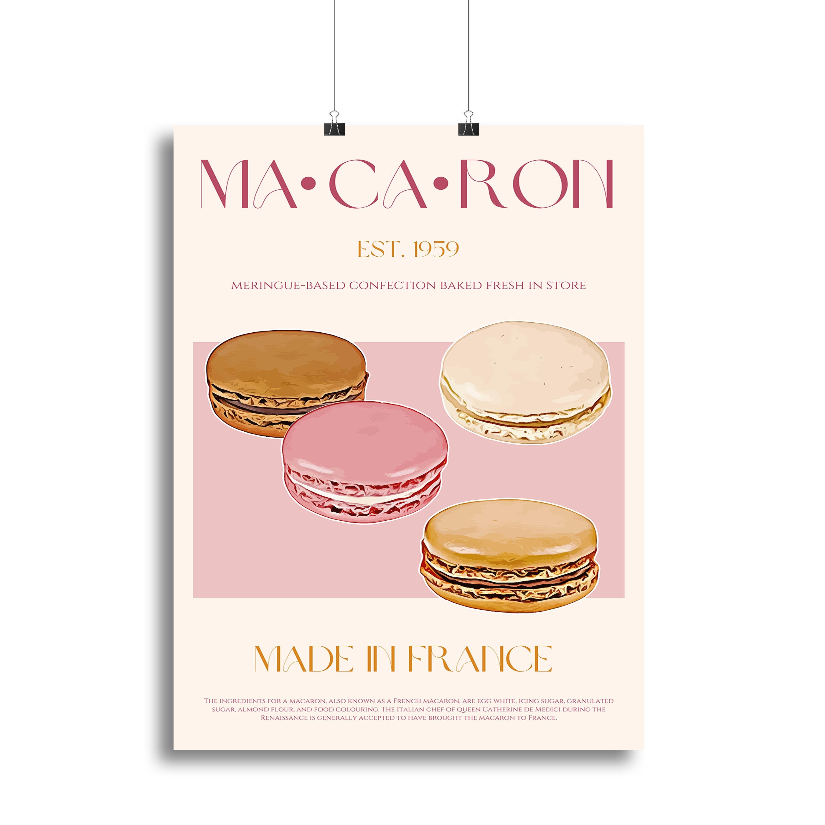 A colorful macaron print canvas print featuring various macarons in pastel colors, perfect for home decor.