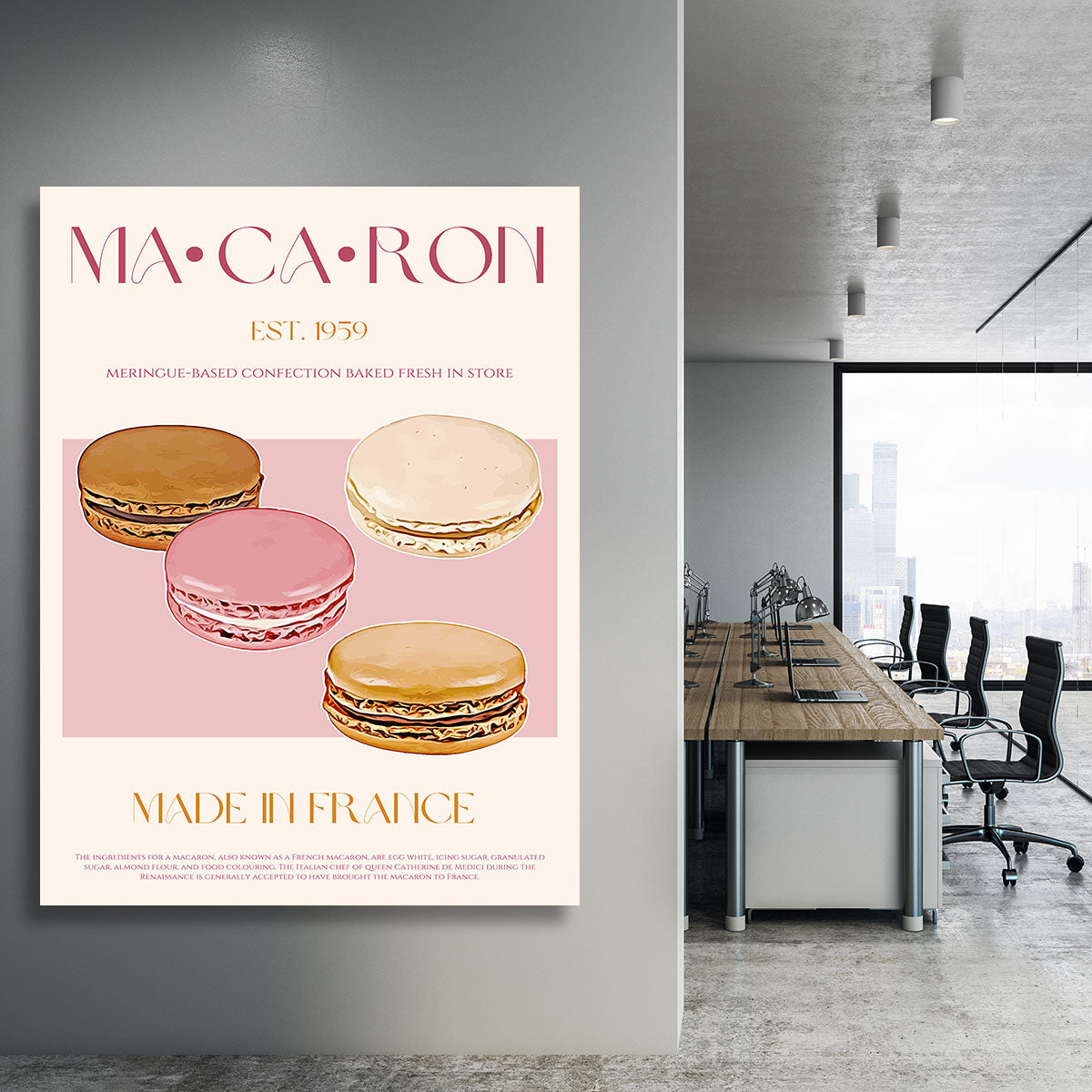 A colorful macaron print canvas print featuring various macarons in pastel colors, perfect for home decor.