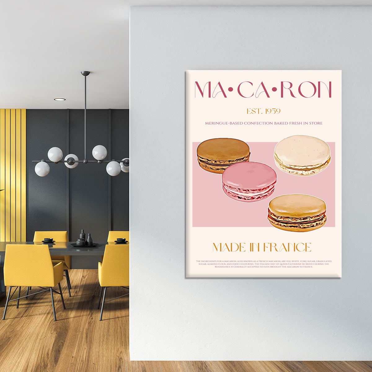 A colorful macaron print canvas print featuring various macarons in pastel colors, perfect for home decor.