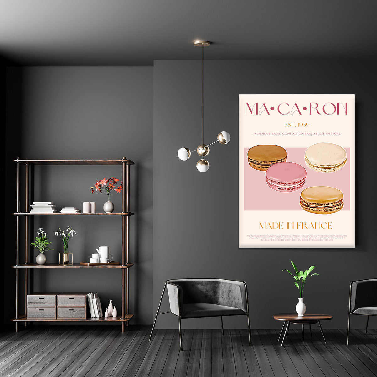 A colorful macaron print canvas print featuring various macarons in pastel colors, perfect for home decor.