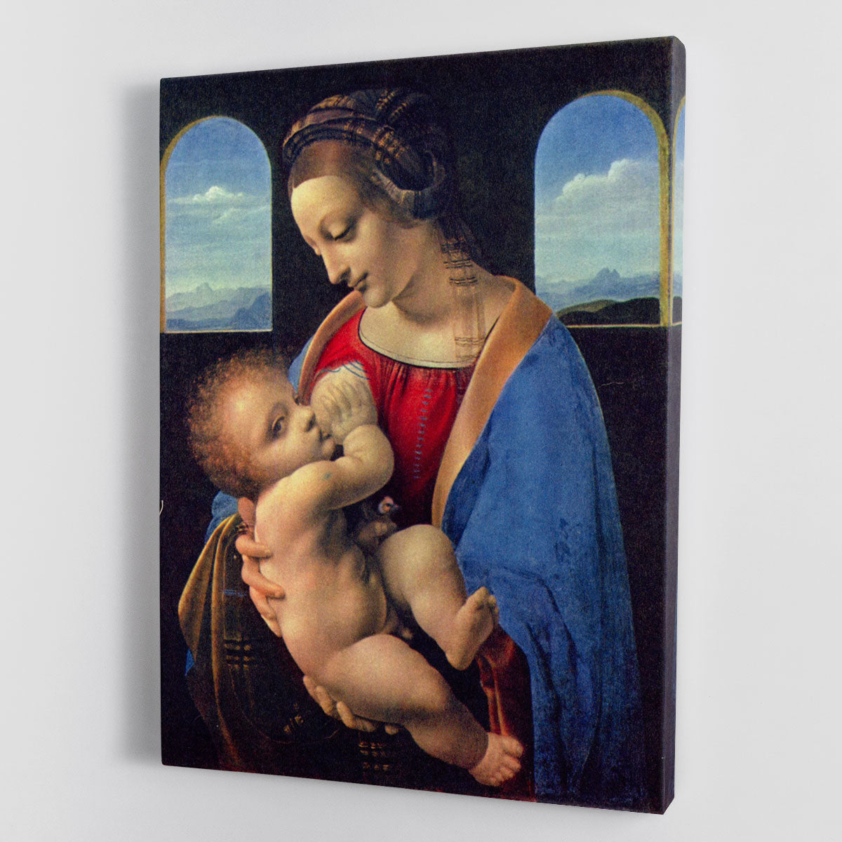 Canvas print of Madonna by Da Vinci, showcasing intricate details and vibrant colors, perfect for home or office decor.