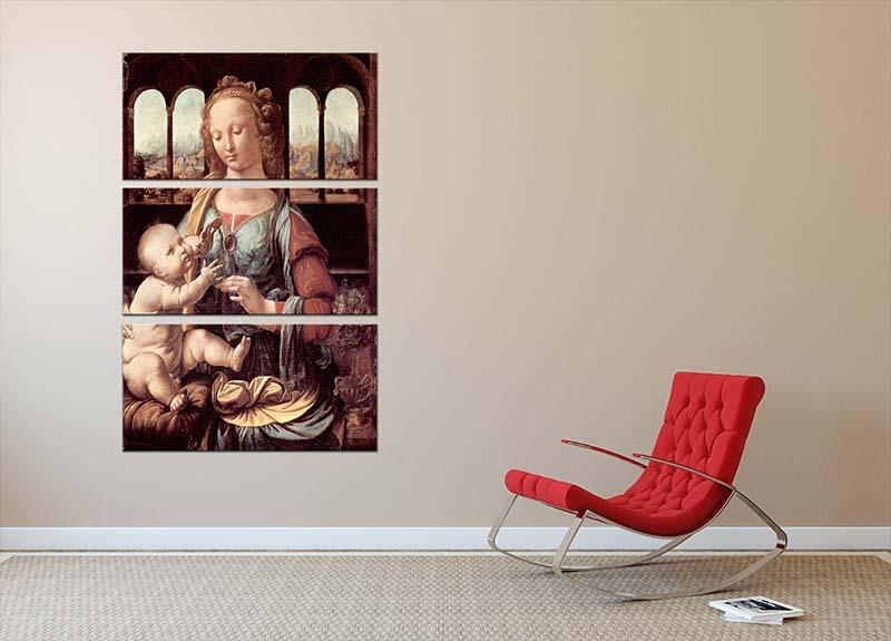 Three-panel canvas print of Da Vinci's Madonna with the Carnation, showcasing vibrant colors and intricate details.