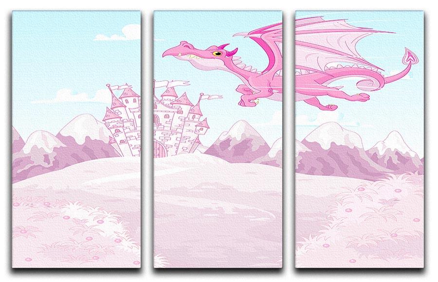 A vibrant 3-panel canvas print featuring a magical dragon soaring above a princess castle, perfect for enchanting home decor.