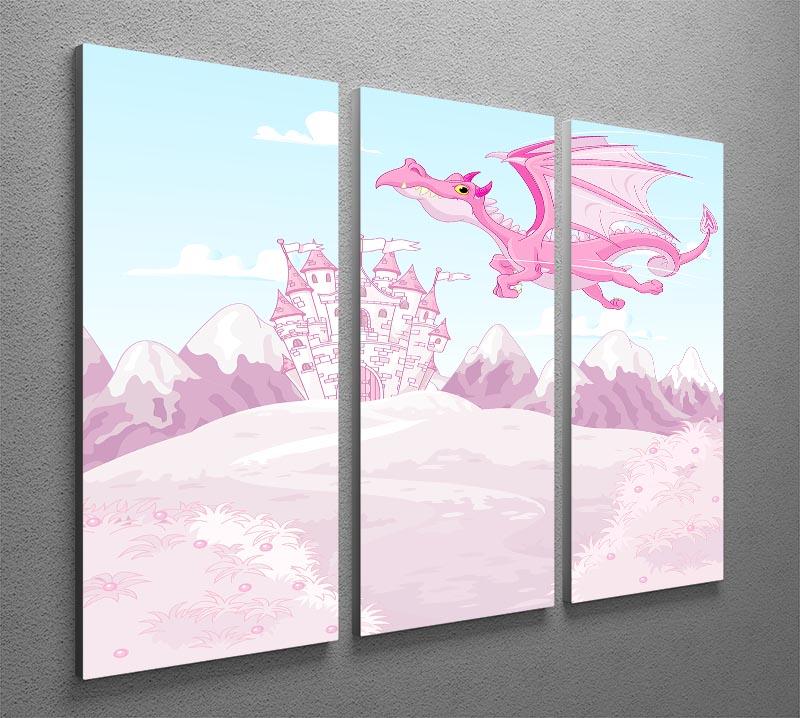 A vibrant 3-panel canvas print featuring a magical dragon soaring above a princess castle, perfect for enchanting home decor.