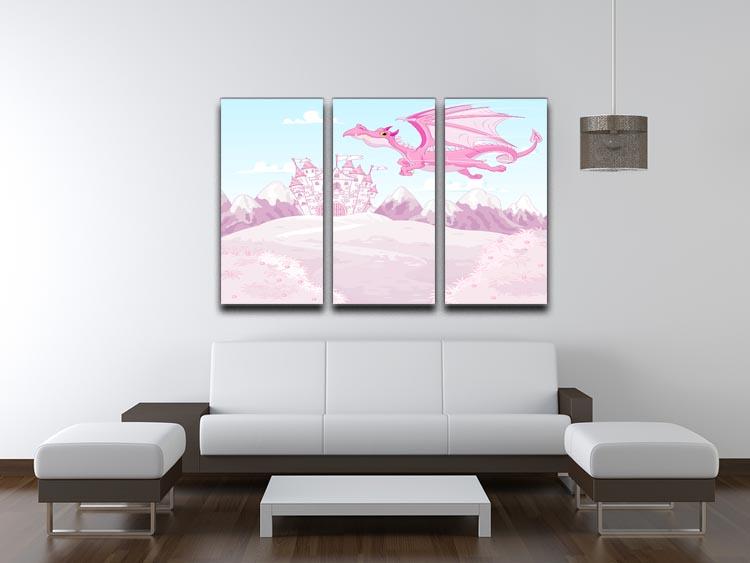 A vibrant 3-panel canvas print featuring a magical dragon soaring above a princess castle, perfect for enchanting home decor.
