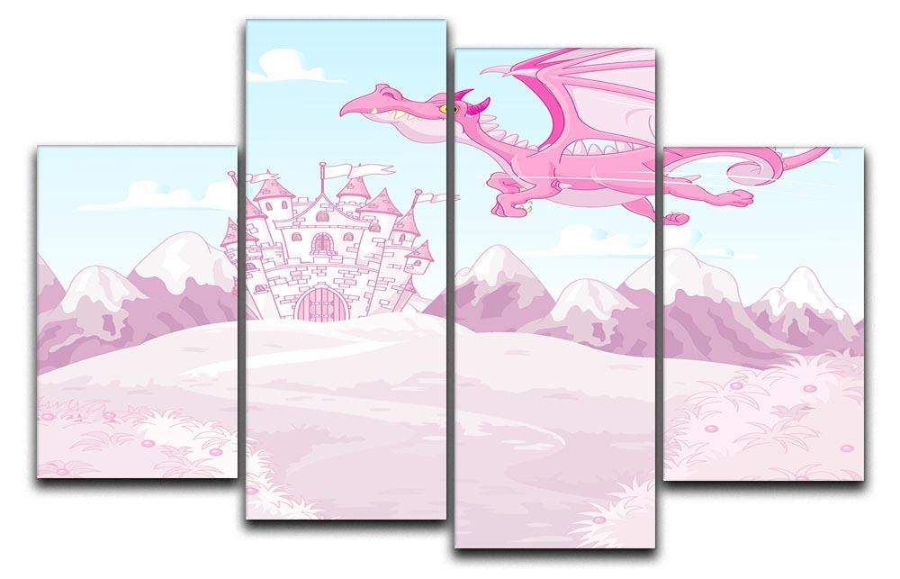 A vibrant 4-split canvas artwork featuring a magical dragon flying over a whimsical princess castle, perfect for children's decor.