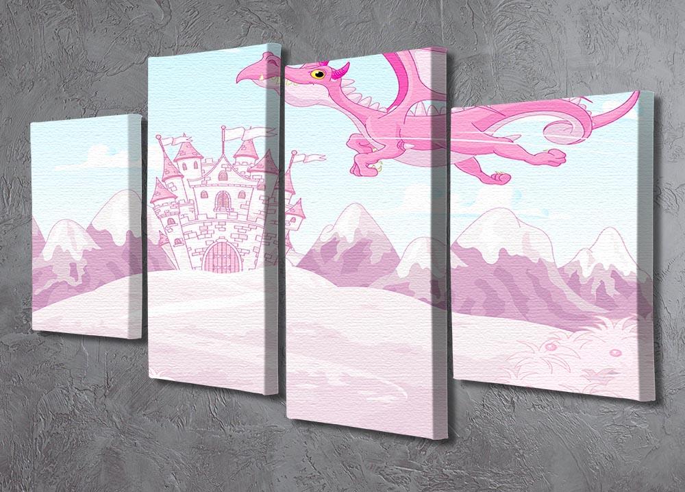 A vibrant 4-split canvas artwork featuring a magical dragon flying over a whimsical princess castle, perfect for children's decor.