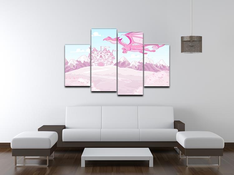 A vibrant 4-split canvas artwork featuring a magical dragon flying over a whimsical princess castle, perfect for children's decor.
