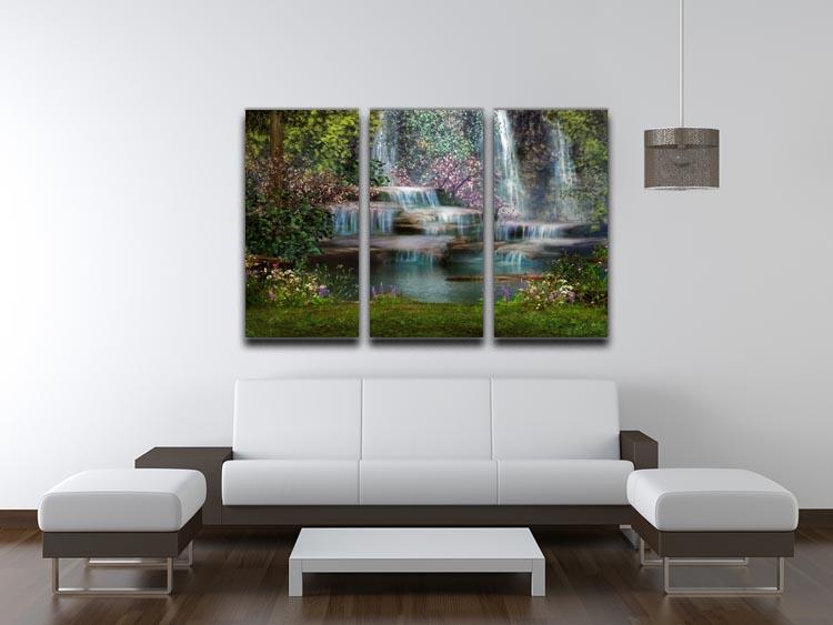A stunning 3-panel canvas print featuring a magical landscape with waterfalls, showcasing vibrant colors and intricate details.