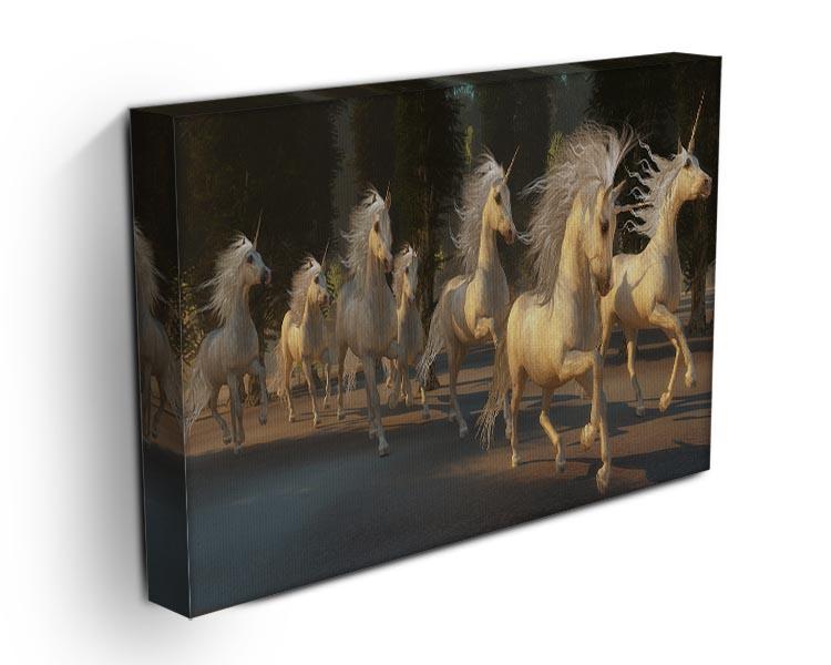 Magical Unicorn Forest Canvas Print featuring a whimsical unicorn in a vibrant forest setting, perfect for home decor.