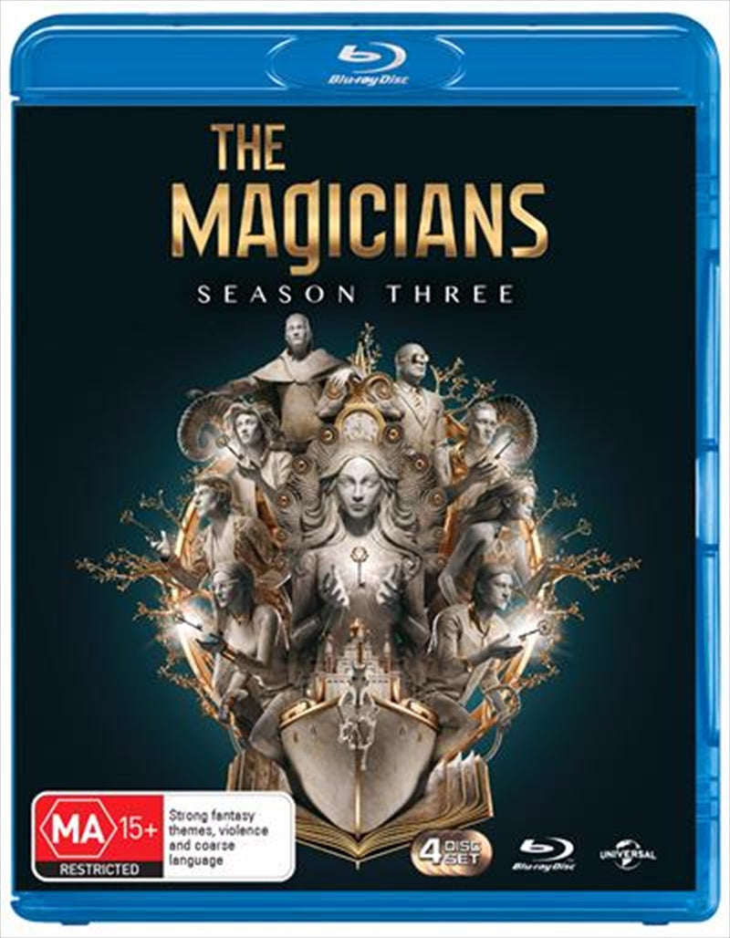 The Blu-ray cover of The Magicians - Season 3 featuring the main characters in a mystical setting, showcasing the show's magical theme.