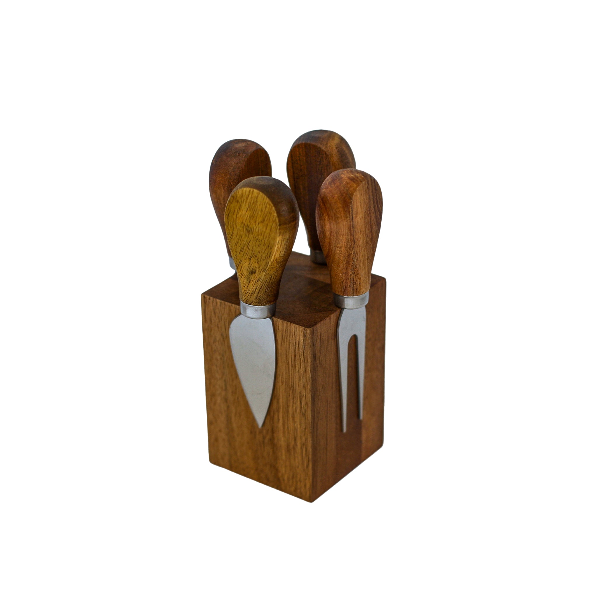 Acacia wood block with four cheese tools including fork, chisel, plane, and spreader, elegantly arranged for serving cheese.