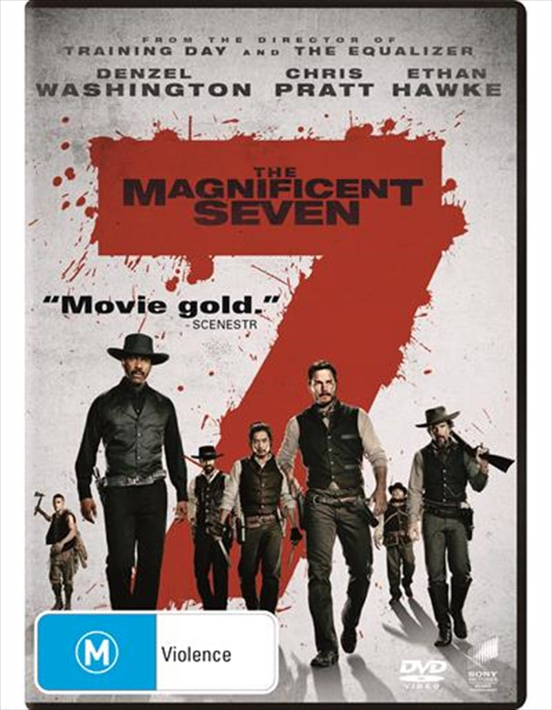 The Magnificent Seven DVD cover featuring Denzel Washington and Chris Pratt in action poses, showcasing the film's Western theme.