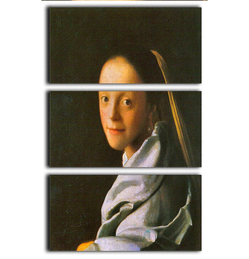 Three-panel canvas print featuring Maid by Vermeer artwork, showcasing intricate details and vibrant colors.