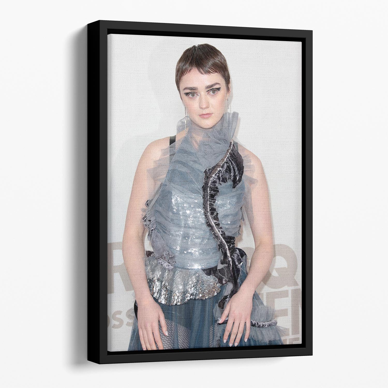 Maisie Williams 2023 Floating Framed Canvas featuring vibrant abstract design in an elegant wooden frame.